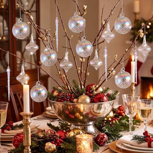 18 Pcs Iridescent Christmas Glass Ornaments Ball Icicle Drop Ornaments - Image 4