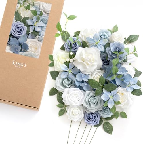 Ling's moment Artificial Wedding Flowers Combo, Dusty Blue & White, Grand by LingsMoment