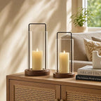 Farmhouse Hurricane Candle Holders Boho Pillar Candle Lantern Glass Wood - Image 2