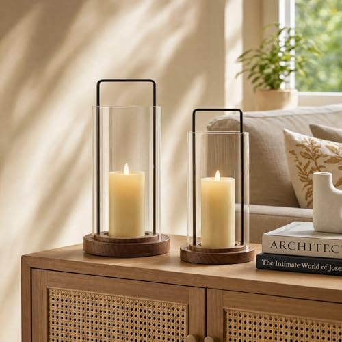 Farmhouse Hurricane Candle Holders Boho Pillar Candle Lantern Glass Wood - Image 2