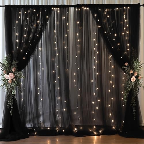 20x10ft Black Tulle Backdrop Curtain with Lights String for Parites, Sheer Backdrop Curtains for Wedding Baby Shower Birthday Party Photo Shoot Decorations by Partisky