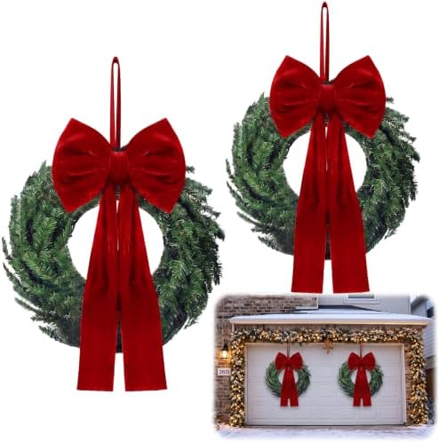 Hotop 2 Pcs 24 Inch Outdoor Christmas Wreath with Large Red Velvet Bow by Hotop