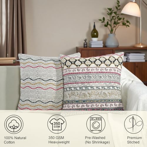 Ridhi Hand Block Print Cotton Floral Throw Pillow Cover, Grey 20x20 Set 2 - Image 6