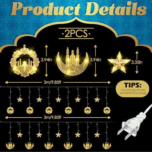 Riakrum 2 Pack Eid Mubarak Fairy Curtain Lights 9.84 ft Star Moon Castle Lights LED Window Star Lights for Ramadan Home Decoration Gifts Wedding Christmas Eid Party Indoor Holiday - Image 2