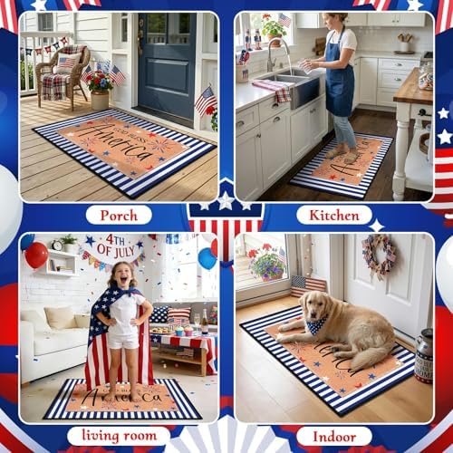 2 Pcs God Bless America Door Mats, 4th of July Patriotic Welcome Mat Non-Slip Coir Doormat with Blue White Stripes, Layered Rug for America 250th Anniversary, Front Porch Entryway Decor - Image 5