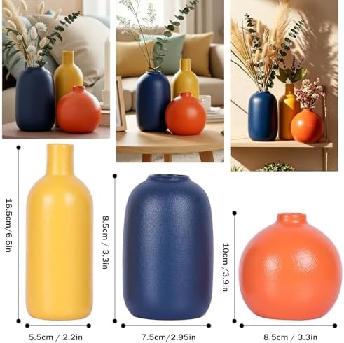Colorful Ceramic Vase Set, Small Burnt Orange Blue Yellow Vases Home Decor,Fall Décor Modern Farmhouse Vases for Home Decor, Organic Decor Accents for Living Room, Table, Shelf, Entryway, Set of 3 - Image 2