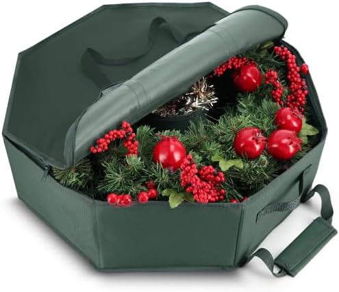 Hearth & Harbor Wreath Storage Container - Hard Shell Christmas Wreath Storage Bag with Interior Pockets, Dual Zipper and Handles - 36" - Green by HearthHarbor