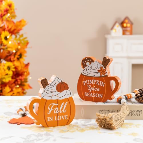 Glitzhome Fall Table Decoration for Home Set of 2 5.25"H Fall Wood Pumpkin Coffee Mug Sign Decor Thanksgiving Table Centerpiece for Autumn Harvest Party Home Kitchen Farmhouse - Image 6