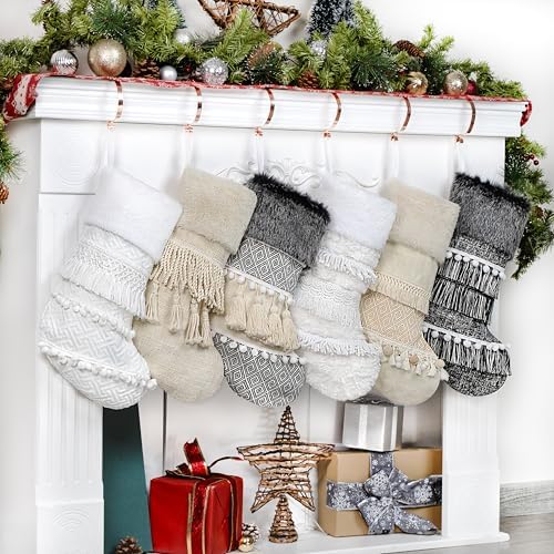BHD BEAUTY 2025 New Farmhouse Bohemian Style Christmas Stocking Set of 6 Tassel Xmas Stocking Boho Macrame Decorations Mantel Hanging Ornament for Xmas Holiday Party - Image 2