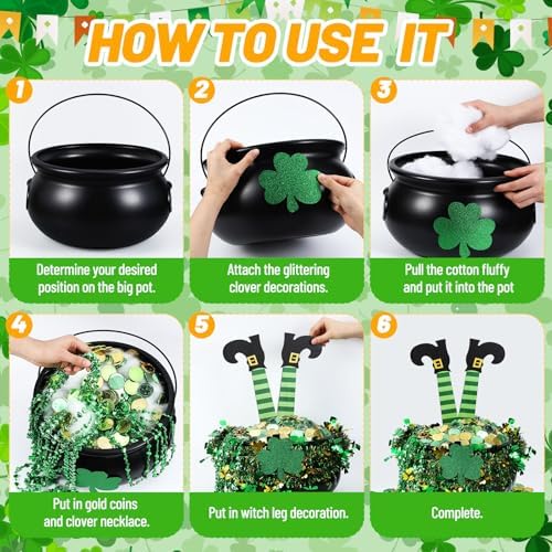 Seenelling 215 Pcs St. Patrick's Day Decoration Pot Set Black Cauldron with Handle Lucky Shamrock Coins Beaded Necklaces Shamrock Tinsel Garland Wood Witch Legs for St. Patrick's Day Party Decor - Image 4