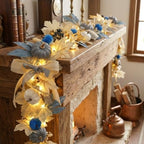 GAGEC 1Pcs 5.7FT Blue Fall Garland with Lights Timer Function Artificial Pumpkin Garland with Leaves Bow Without Battery Blue Fall Decor Autumn Vine Decorations for Mantle Fireplace Porch Thanksgiving by GAGEC