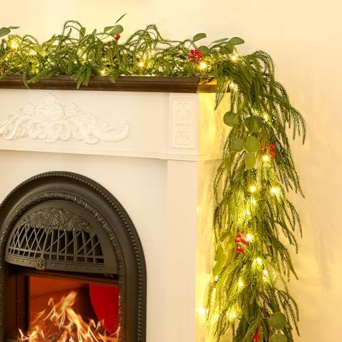 9FT Christmas Garland with Lights, Battery Operated Garland with Red Berries and Eucalyptus Leaves, Real Touch Artificial Prelit Garland for Mantle, Fireplace, Table, Stairs & Christmas Decorations by EXKRAEFT