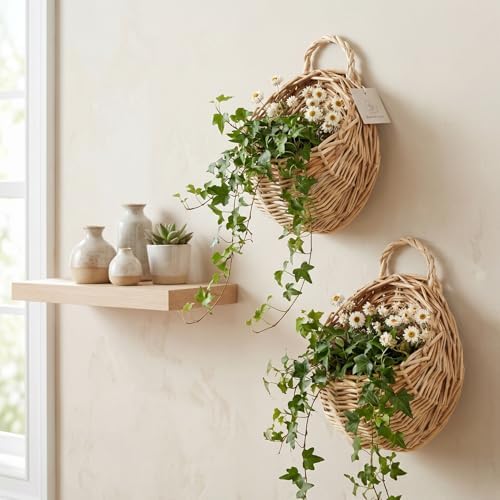 2Pcs Woven Hanging Basket Decorative Wall Hanging Flower Baskets Handwoven Plant Holder with Handle for Home and Garden Plant Display and Storage Stylish Plant Baskets - Image 2