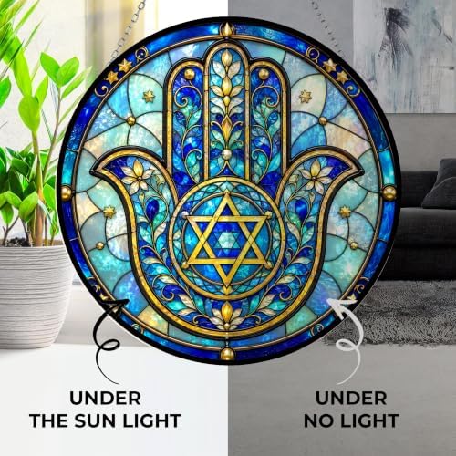 Hamsa Star of David Stained Glass Window Hanging 9.8" - Image 3