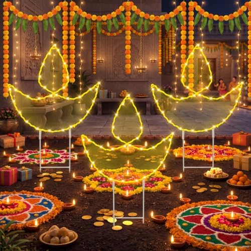 Retisee 3 Pcs Indian Diwali Diya Solar Lights Outdoor 12.7 Inch Diwali Diya Lighted Yard Stakes Waterproof Solar Lamps for Hindu Deepavali Party Decorations 6–8 Hour Runtime by Retisee