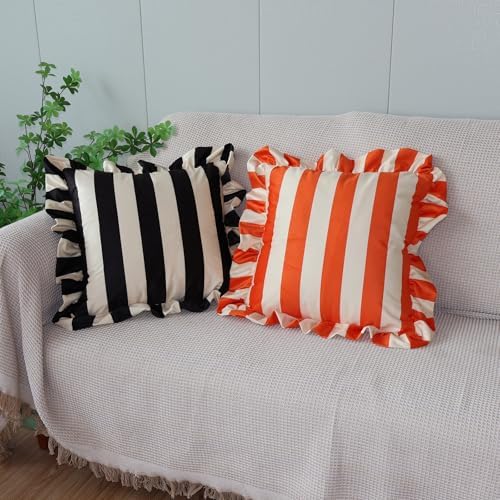 vctops Ruffle Square Throw Pillow Covers Boho Pink and Red Striped Decorative Pillowcases Set of 2, Soft Velvet Accent Cushion Cover Cases for Sofa Bed Living Room Decor (Orange Beige,18"x18") - Image 5
