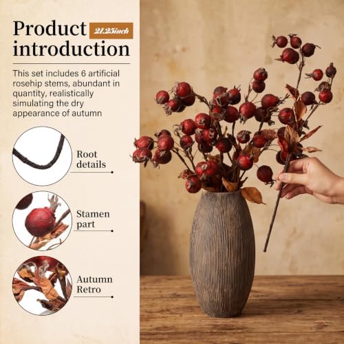 Wavwavw 6 Pcs Artificial Fall Rose Hip Stem 21" Faux Dried Berry Branch - Image 4