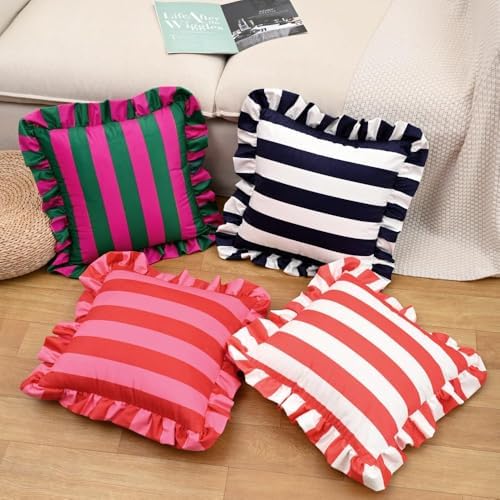 vctops Ruffle Square Throw Pillow Covers Boho Pink and Red Striped Decorative Pillowcases Set of 2, Soft Velvet Accent Cushion Cover Cases for Sofa Bed Living Room Decor (Pink,24"x24") - Image 7