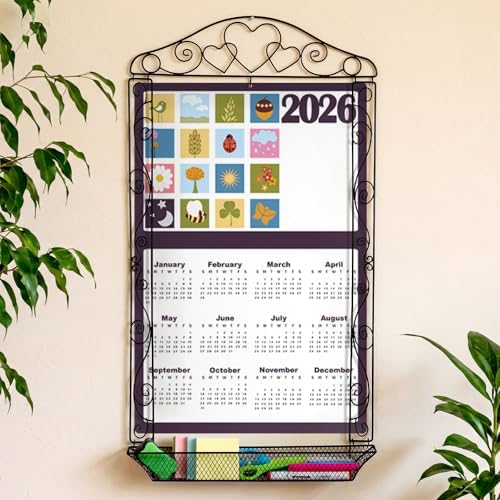 Zonon Wrought Iron Wall Display Organizer Metal Calendar Holder with Basket 18 x 32 Inches Multi Purpose Wall Mounted Holder Vertical Poster Hanger for Canvas Artwork Diamond Painting Display(Heart) by Zonon
