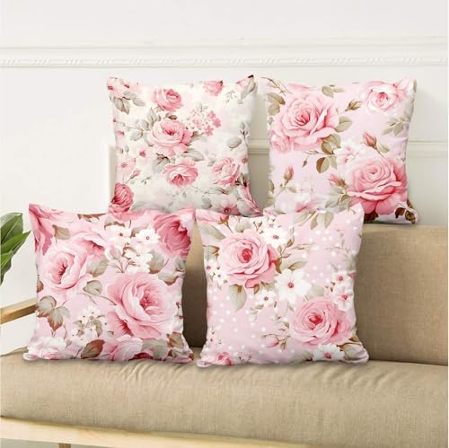 Pink Throw Pillow Covers Rose Floral Peony Flower Green Leaves Blooming Set of 4 Vintage Rustic Cushion Covers 24x24 Watercolor Square Pillowcases for Couch Sofa Bedroom Patio Farmhouse - Image 7