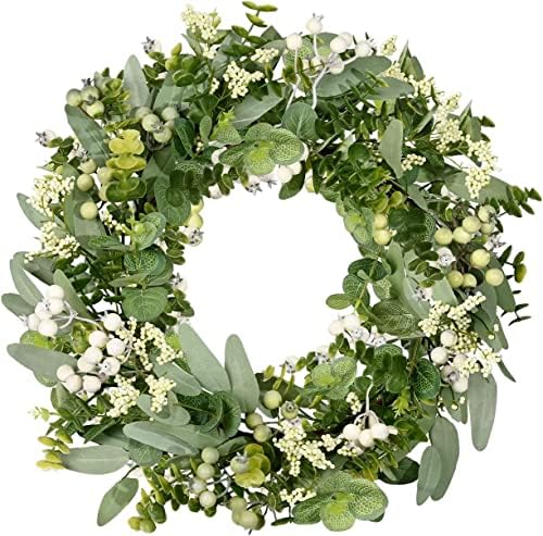 Vlorart Artificial Spring Summer Christmas Greenery Wreaths for Front Door Green Eucalyptus Leaf Wreath Decor Boxwood with Big Berries for Farmhouse Outside Year Round by Vlorart