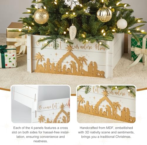 Glitzhome Wooden Tree Collar, Christmas Tree Base Cover, Christmas Tree Collars for Artificial Trees, 24" L Wooden Nativity Scene Xmas Tree Collar for Christmas Decoration - Image 3