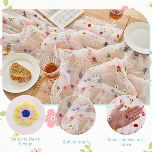 BINBE 12pcs Daisy Spring Table Runner Embroidery Gauze 10FT Florals Seasonal Tulle Holiday Birthday Kitchen Dining Table Decor for Home Party Ivory - Image 3