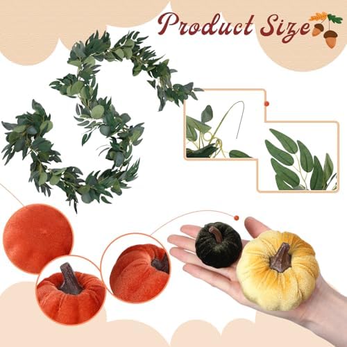 Conelist 2 Pcs Artificial Maple Leaf Rattan Garland 24 Harvest Velvet Foam Fabric Pumpkins Decorative for Home Farmhouse Fireplace(Colorful) - Image 4