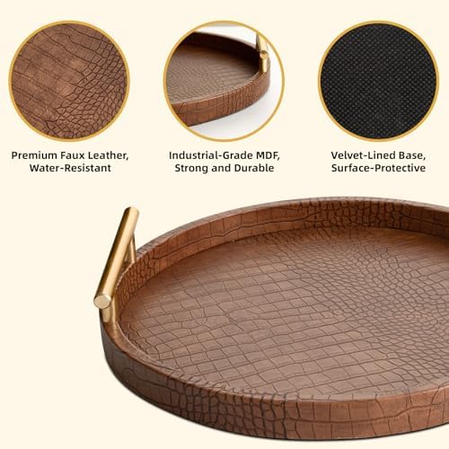 Modern Decorative Serving Tray, Set of 2 Modern Crocodile Leather Round Trays with Polished Metal Handles, Decorative Trays Coffee Table Tray Ottoman Platter for Home Decor (Brown) - Image 3