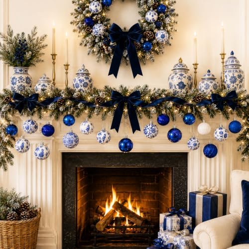Lunmon 64 Pcs Chinoiserie Christmas Ornaments Blue and White Xmas Bulbs - Image 6