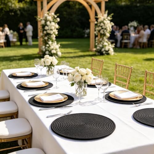 Round Placemats Set of 10, Cotton Woven Tablemats, Hot Pads for Kitchen, Jute Rattan Charger Plates for Dinner, Non Slip Heat Resistant Place Mats, 13.5'' Braided Placemat for Decor (Black Cotton) - Image 6