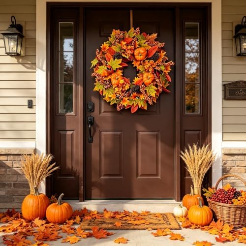 24 Inch Harvest Wreath for Front Porch, Pumpkin and Pinecone Farmhouse Decor with Maple Leaves and Hydrangeas, Rustic Artificial Autumn Wreath for Wall Window Home, Thanksgiving Fall Display - Image 3