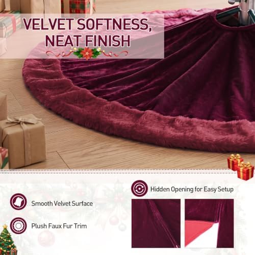 Skylety 48" Velvet Christmas Tree Skirt with Faux Fur Trim,Burgundy Red - Image 3