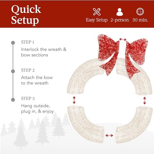 Best Choice Products 48in Pre-Lit Outdoor Christmas Wreath Decoration, LED Metal Holiday Decor for Home w/ 140 Lights, Bow - White/Red - Image 4