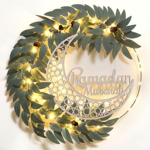 Cinnvoice Eid Ramadan Mubarak Wreaths Door Sign Artificial Leaves Ramadan Hanging Wreath Decoration for Front Door Eid Al Fitr Moon Wood Sign Wall Garland Hanger for Islamic Muslim Home Party Decor by QinYee