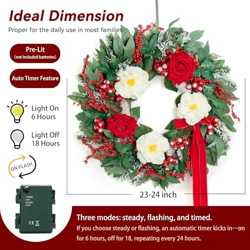 Christmas Wreaths for Front Door 24 Inch Prelit Holiday Wreath with Red Roses, White Peonies, Red Berries, Greenery & Velvet Bow Christmas Door Wreath Indoor Outdoor - Image 4