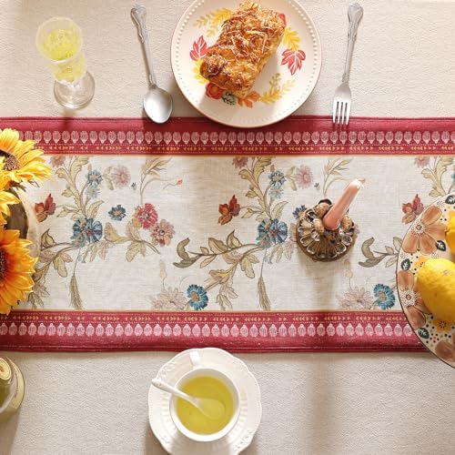 patdrea Designer Farmhouse Linen Extra Long Table Runner,Rustic Cottage Mauve with Rooster and Floral Pattern Fabric Table Mat,Decoration for Kitchen Dining Christmas New Year Banquet, 12"*118" - Image 4