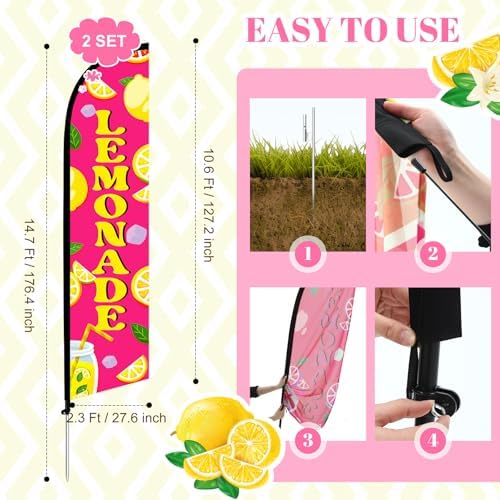 HunnmingRe 2 Set 15ft Pink Lemonade Feather Flag Kit, Large Advertising Swooper Flag Banner with Aluminum & Fiberglass Poles and Ground Stakes, High-visibility Outdoor Sign for Business, Store - Image 3