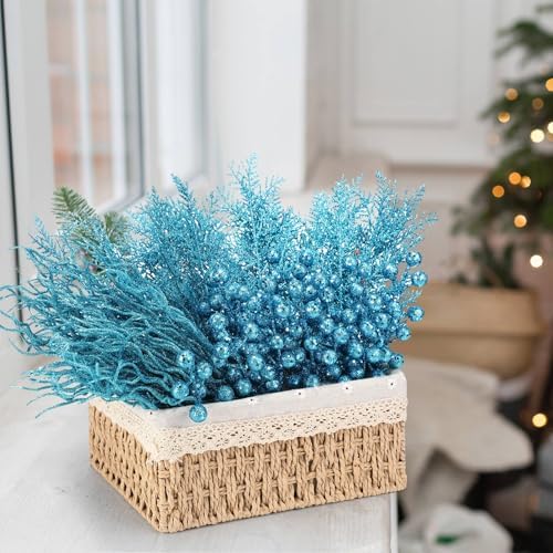 75 Pcs Christmas Glitter Tree Picks 3 Styles Berry Stems, Light Blue - Image 4