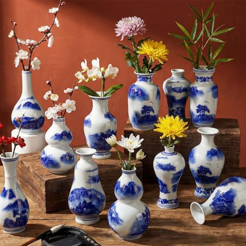 Maxcheck 12 Pcs Small Blue and White Vase, Mini Chinoiserie Vases, Stylish by Maxcheck