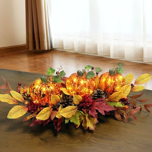 LED Lighted Pumpkin Fall Centerpiece with Maple Leaves, Berries & Pinecones - Battery Operated Thanksgiving Table Decor for Home, Mantel, or Dining - Image 2
