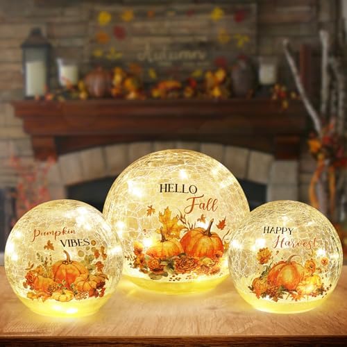NEEDOMO Fall Table Decor, Set of 3 Sparkling Crackle Glass Ball with LED Lights Timer Pumpkin Gnomes for Thanksgiving Decor, Autumn Centerpieces Thanksgiving Decorations for HomeTabletop Mantel Indoor by NEEDOMO-LightUpYourSpace