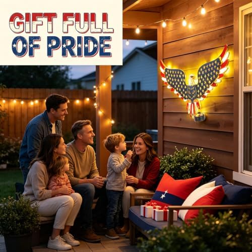 23" American Eagle Metal Wall Art with Solar Lights Outdoor Decorative - Image 2