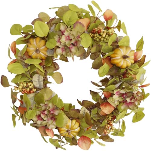 18 Inch Hydrangea Fall Wreath with Round Pumpkins and Berry Clusters by BINFEN