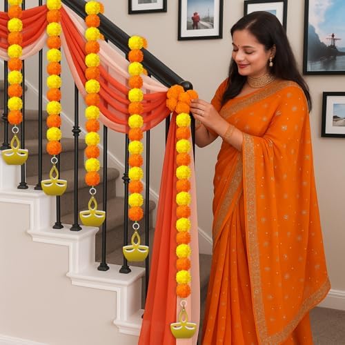 Norme 12 Pcs Marigold Garland 2.6 ft Long Strands Artificial Marigold Flowers Garland with Pendant Flower String Indian Diwali Decorations for Pooja Indian Wedding Dia De Los Muertos(Orange Yellow) - Image 4