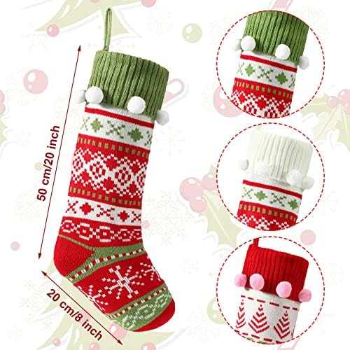 Chivao 4 Pcs 20" Christmas Stocking with Pompoms Large Knit Xmas Decor - Image 2