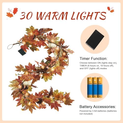Artgar Fall Garland - 6 Ft Maple Leaf Pumpkin Berry Garland - Image 3