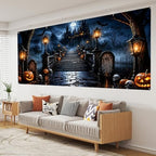 Halloween Garage Door Banner 16x7 ft Outdoor Spooky Haunted Castle Backdrop Cover Large Cemetery Gravestone Pumpkin Jack-O-Lantern Full Moon Bats Skulls Holiday House Wall Party Decorations - Image 7