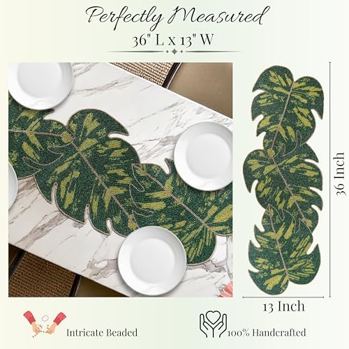 Monstera Leaf Beaded Table Runner 13 x 36 Inch, Handmade Glass Bead Runner for Dining Table, Coffee Table & Console Table, Tropical Farmhouse Centerpiece Decor for Holidays, Weddings & Everyday Use - Image 4