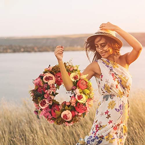 BOMAROLAN Artificial Peony Flower Wreath 19Inch Vintage Blooming Silk Peonies Spring Summer Fall Winter Large Wreaths Flower Green Leaves for Outdoor Front Door Indoor Wedding Wall Or Window Décor - Image 3